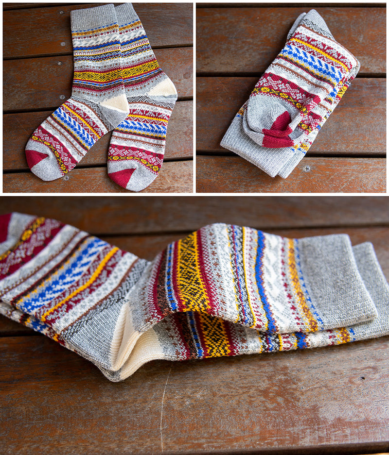 3 Pairs Winter colorful mid-calf socks thickened ethnic style boot socks