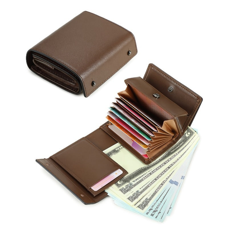 A Minimalist Tri-Fold Wallet in Black, Featuring a Business Style, Ultra-Thin Foldable Design, Secure Card Slots, And a Snap Closure