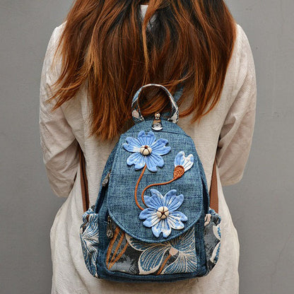 Retro Handmade Flower Canvas Bag Multi-functional Backpack