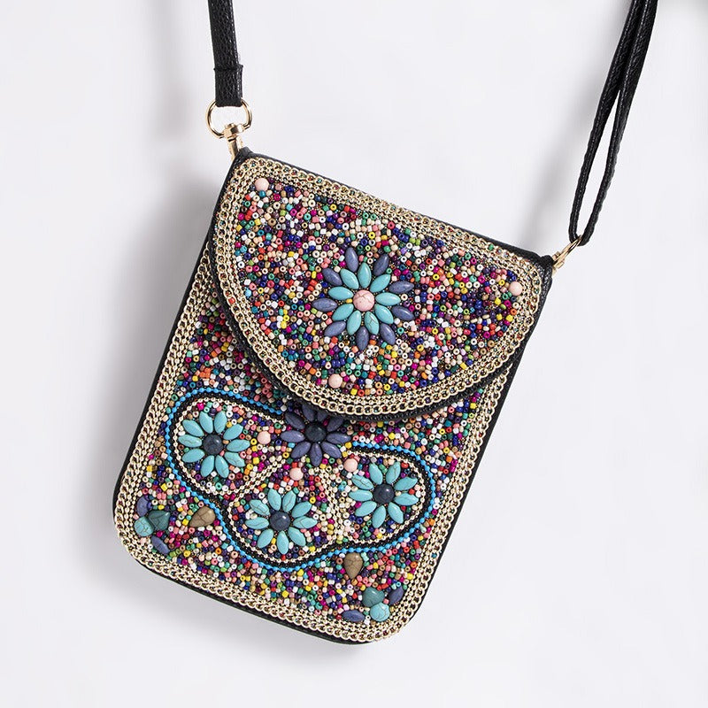 Bohemian Style Bead Shell Flowers Magnetic Button Shoulder Bag