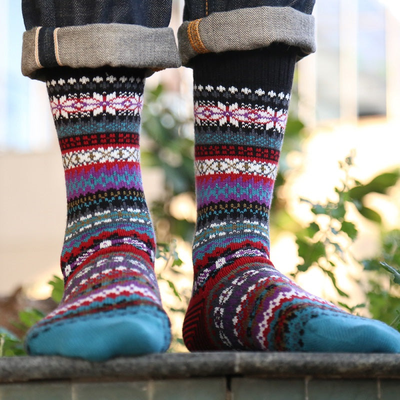 3 Pairs Winter colorful mid-calf socks thickened ethnic style boot socks