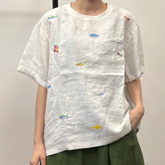 Retro Linen Embroidered Short-sleeved Top