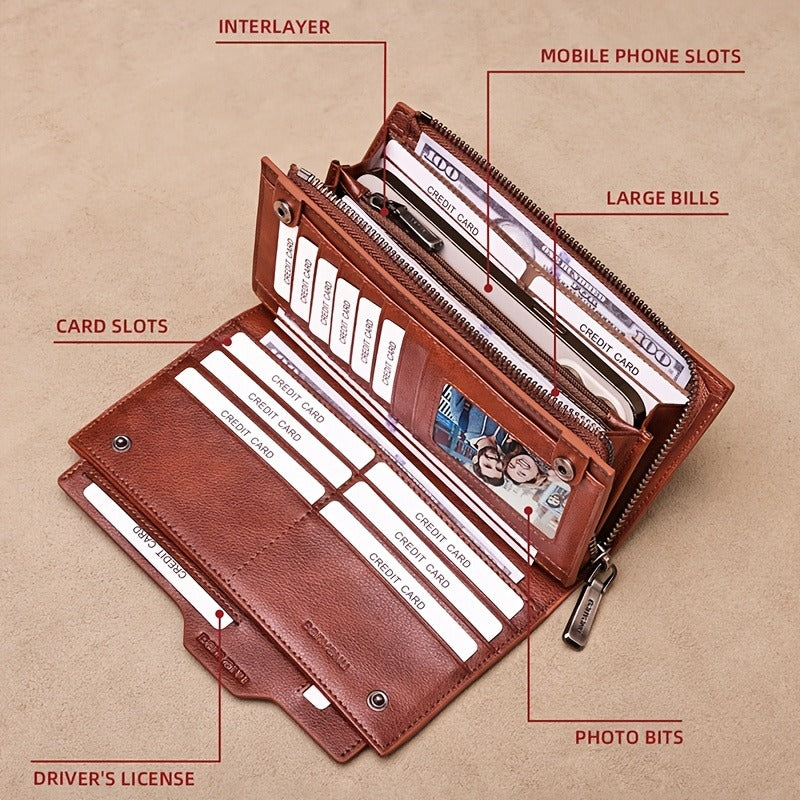 Vintage Top Layer Cowhide Leather Wallet for Men, Long Slim RFID Blocking Clutch with Zipper