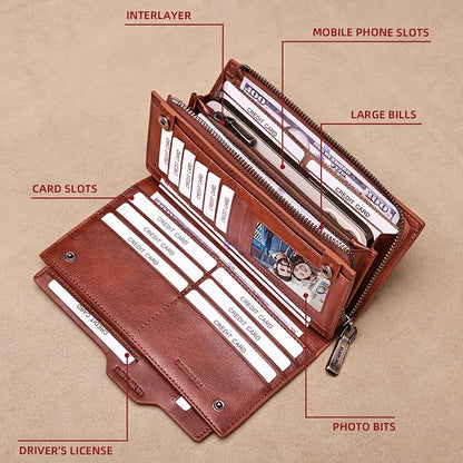 Vintage Top Layer Cowhide Leather Wallet for Men, Long Slim RFID Blocking Clutch with Zipper