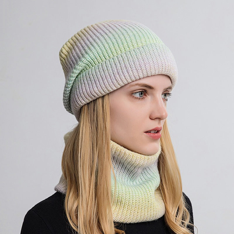 Gradient Color Thickened Knit Cap Two-piece Set