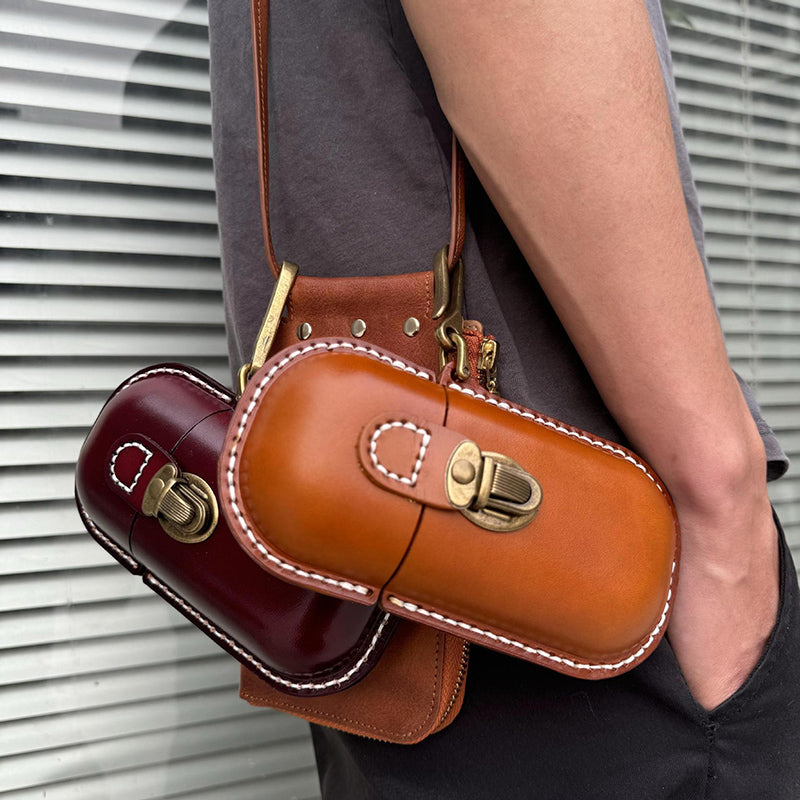 Genuine Leather Vintage Sun Glasses Box - Portable Storage Case with Hook - Eye Glass Organizer