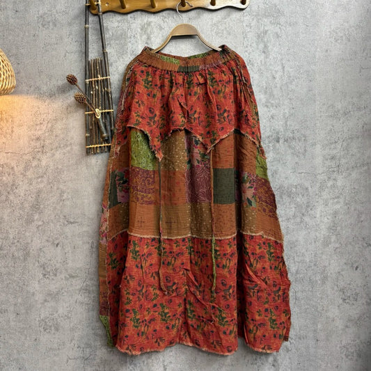 Retro Casual Ethnic Printed Cotton Skirt