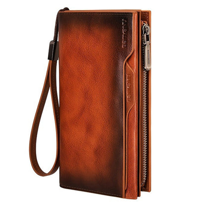 Vintage Top Layer Cowhide Leather Wallet for Men, Long Slim RFID Blocking Clutch with Zipper