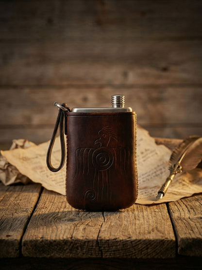 Retro Handmade Leather Portable Outdoor Travel Liquor Bottle 304 Stainless Steel