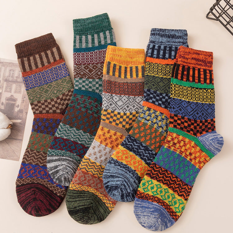 Winter colorful mid-calf socks thickened pure cotton stockings retro men's ethnic style boot socks（5 Pairs 5 color)