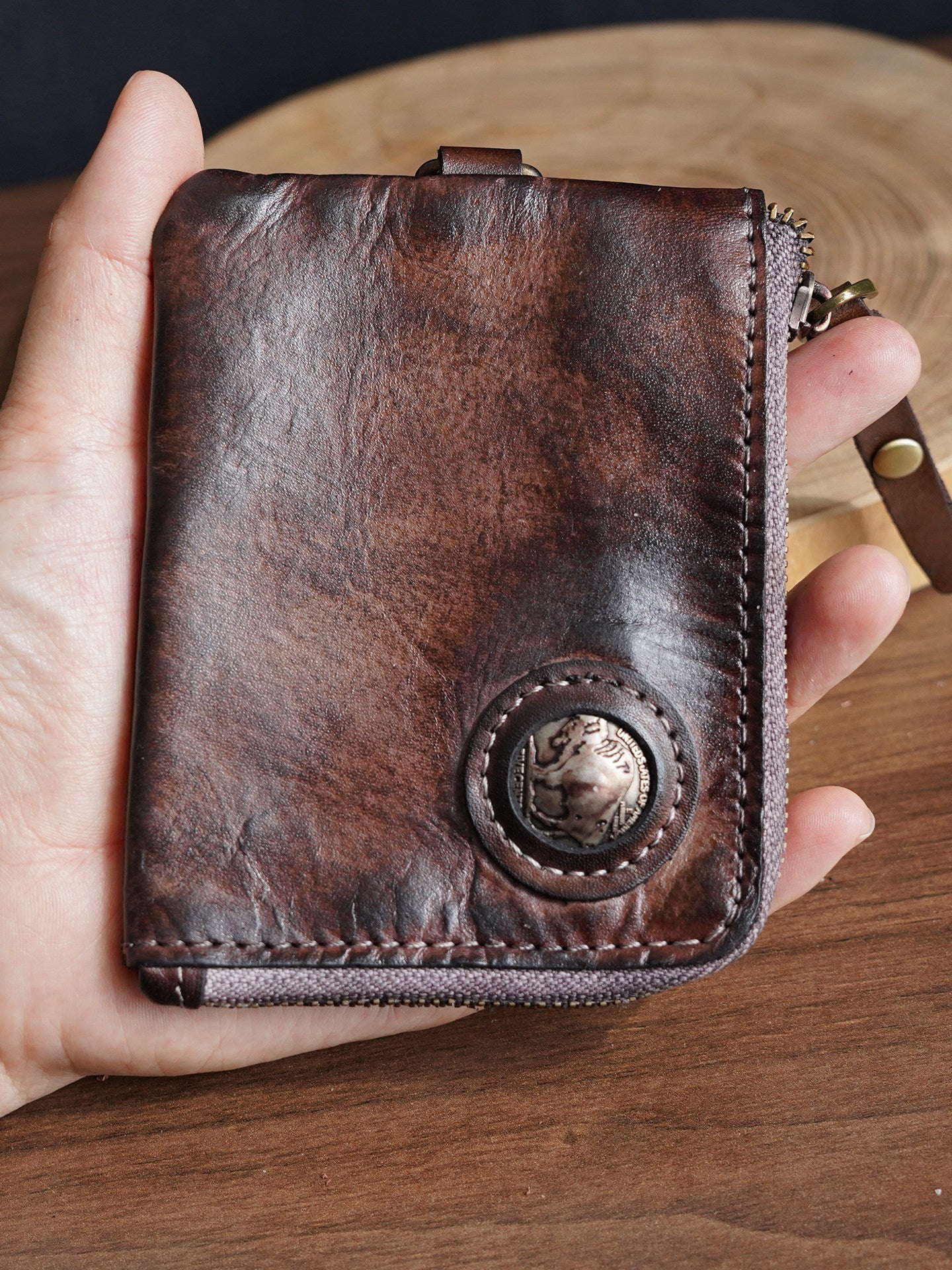 Retro Handmade Leather Zipper Wallet Coin Bag