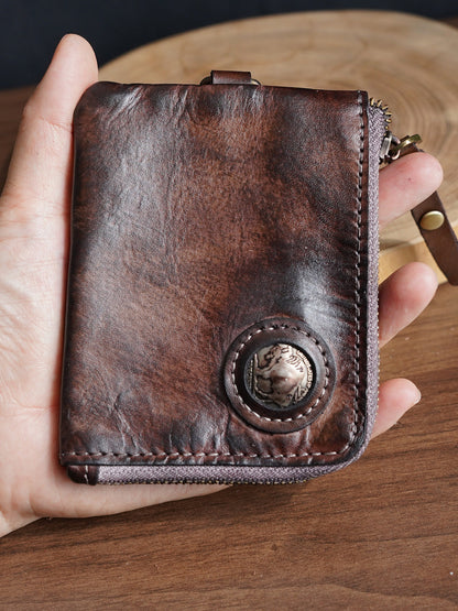 Retro Handmade Leather Zipper Wallet Coin Bag