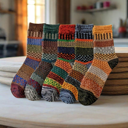 Winter colorful mid-calf socks thickened pure cotton stockings retro men's ethnic style boot socks（5 Pairs 5 color)