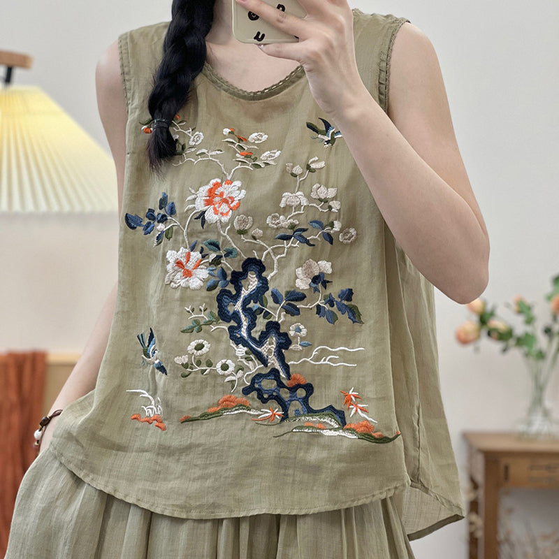 Retro Casual Ramen Flower Embroidered Vest