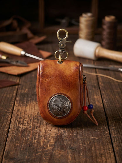 Top-grain Leather Vintage Key Pouches with Pom Pom Tassels