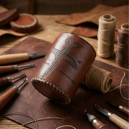 Retro Hand-stitched Vegetable-tanned Leather Pen Holder