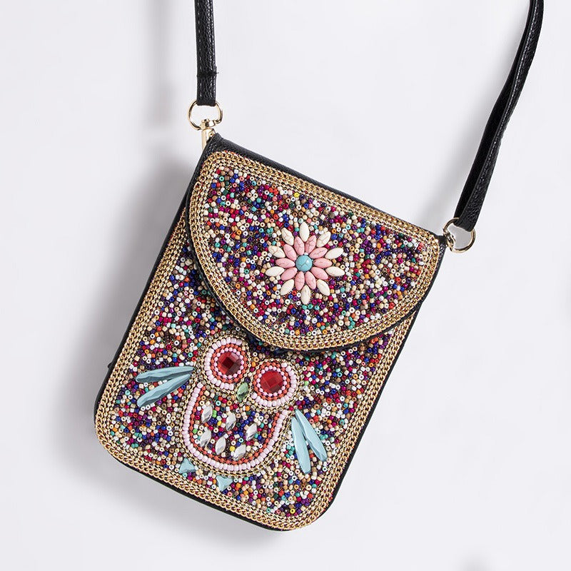 Bohemian Style Bead Shell Flowers Magnetic Button Shoulder Bag