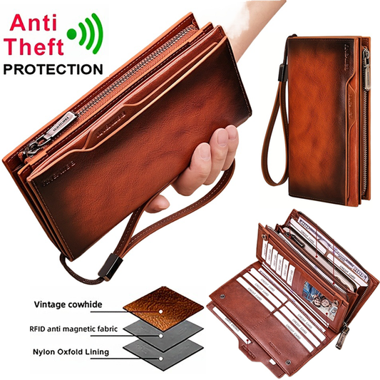Vintage Top Layer Cowhide Leather Wallet for Men, Long Slim RFID Blocking Clutch with Zipper
