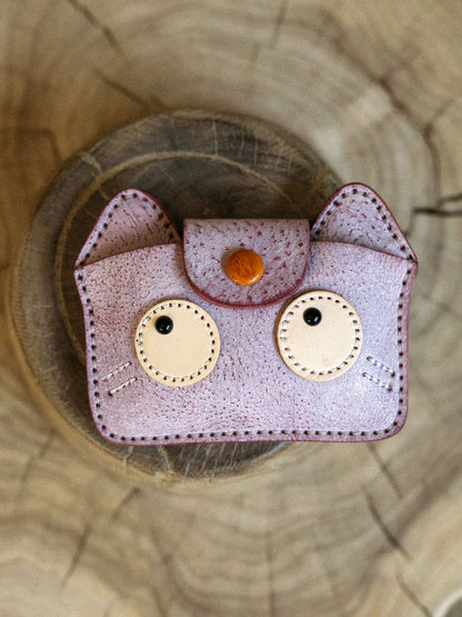 Vintage Handmade Leather Kitten Card Holder Storage Bag