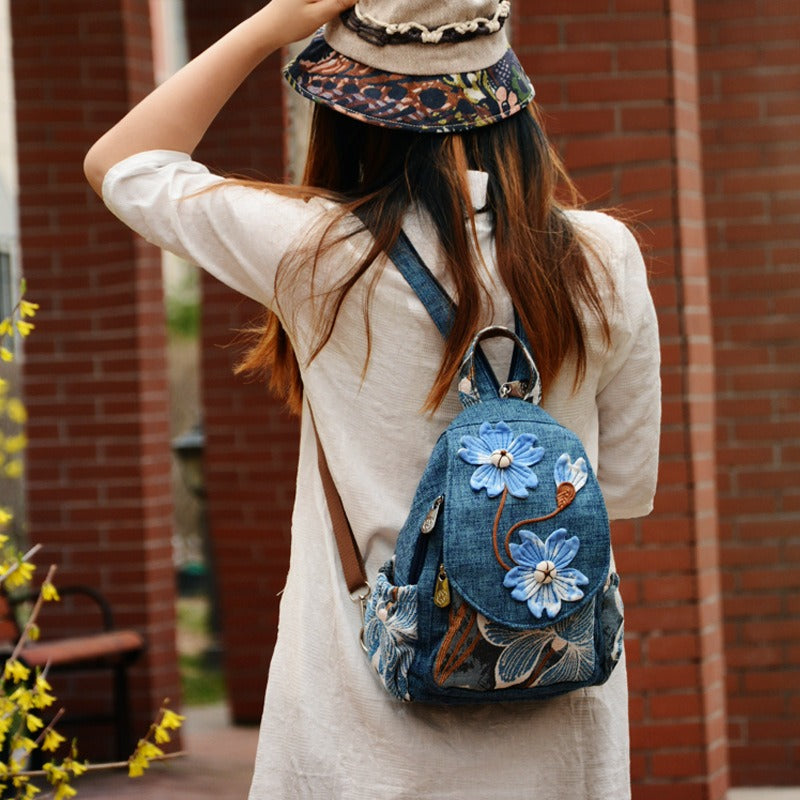 Cotton Linen Canvas Knapsack Handicraft Tie-dye Blue Bag