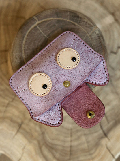 Vintage Handmade Leather Kitten Card Holder Storage Bag