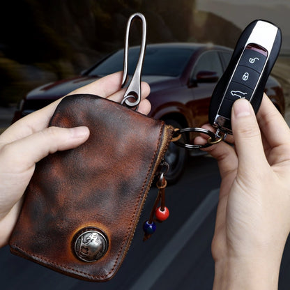 Men's genuine leather key case, vintage distressed vegetable-tanned cowhide coin purse