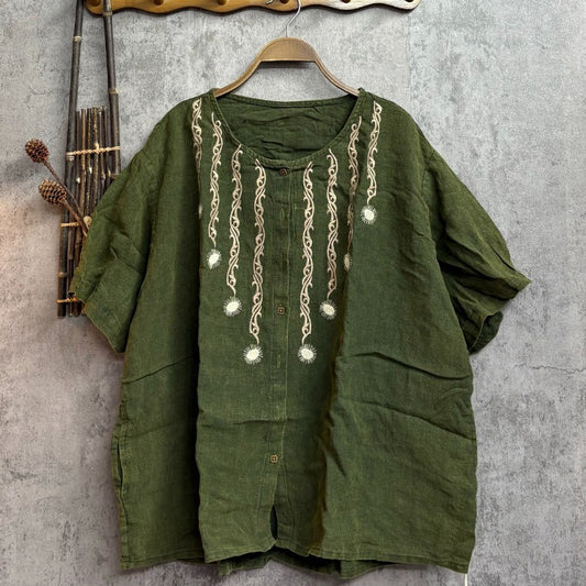 Flax Embroidered Round Neck Top