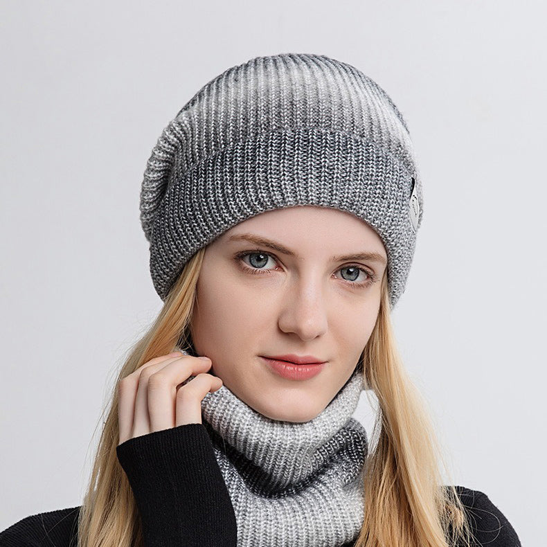 Gradient Color Thickened Knit Cap Two-piece Set