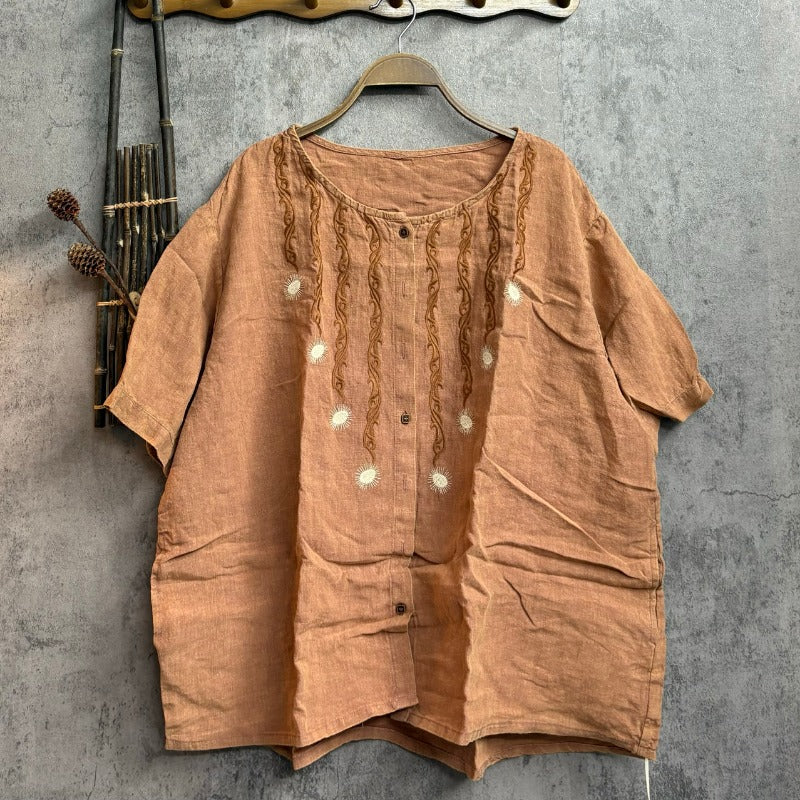 Flax Embroidered Round Neck Top