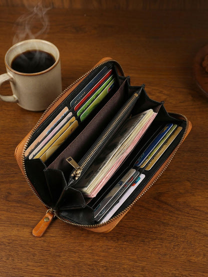 Men's Vintage Genuine Leather Wallet - Handmade Large Capacity Cowhide Money Clip