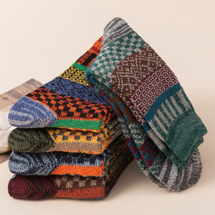 Winter colorful mid-calf socks thickened pure cotton stockings retro men's ethnic style boot socks（5 Pairs 5 color)