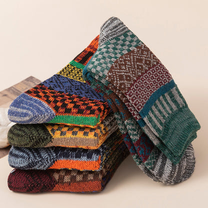 Winter colorful mid-calf socks thickened pure cotton stockings retro men's ethnic style boot socks（5 Pairs 5 color)