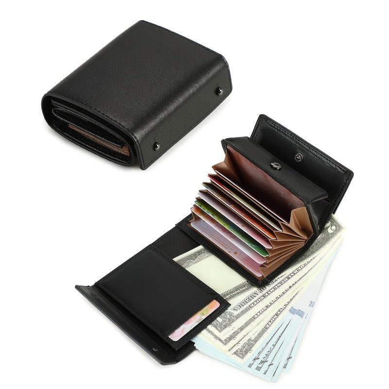 A Minimalist Tri-Fold Wallet in Black, Featuring a Business Style, Ultra-Thin Foldable Design, Secure Card Slots, And a Snap Closure