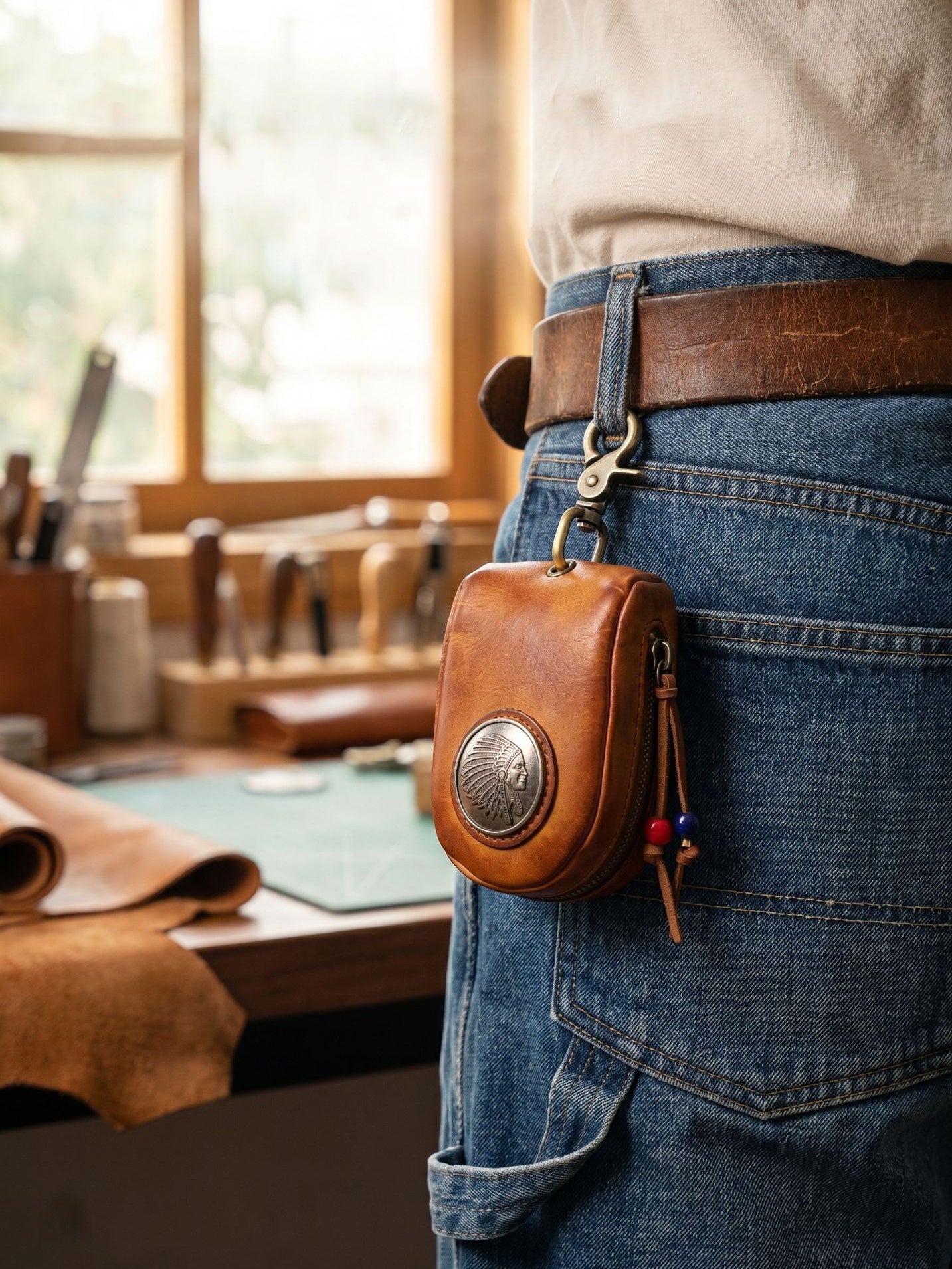 Top-grain Leather Vintage Key Pouches with Pom Pom Tassels