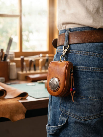 Top-grain Leather Vintage Key Pouches with Pom Pom Tassels