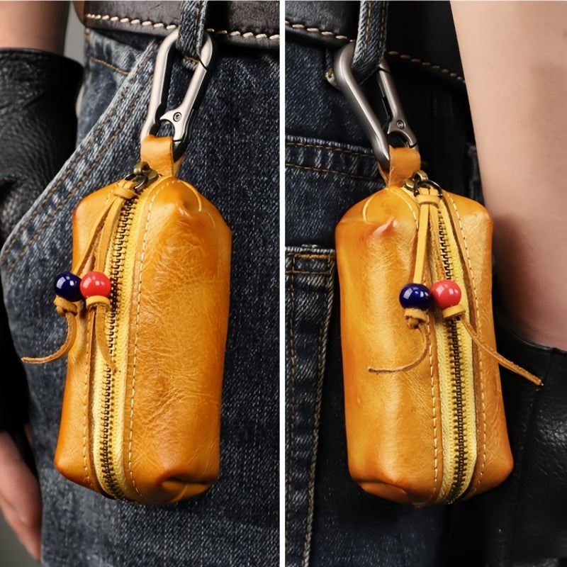 Top-grain Cowhide Vintage Zipper Key Pouch | Genuine Leather Mini Waist Bag