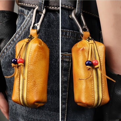 Top-grain Cowhide Vintage Zipper Key Pouch | Genuine Leather Mini Waist Bag