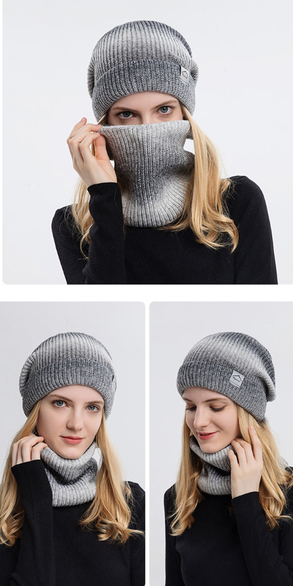 Gradient Color Thickened Knit Cap Two-piece Set