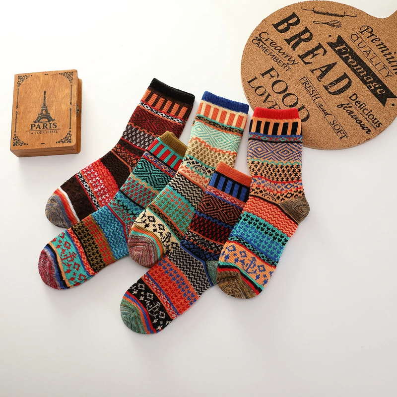 Winter colorful mid-calf socks thickened pure cotton stockings retro men's ethnic style boot socks（5 Pairs 5 color)