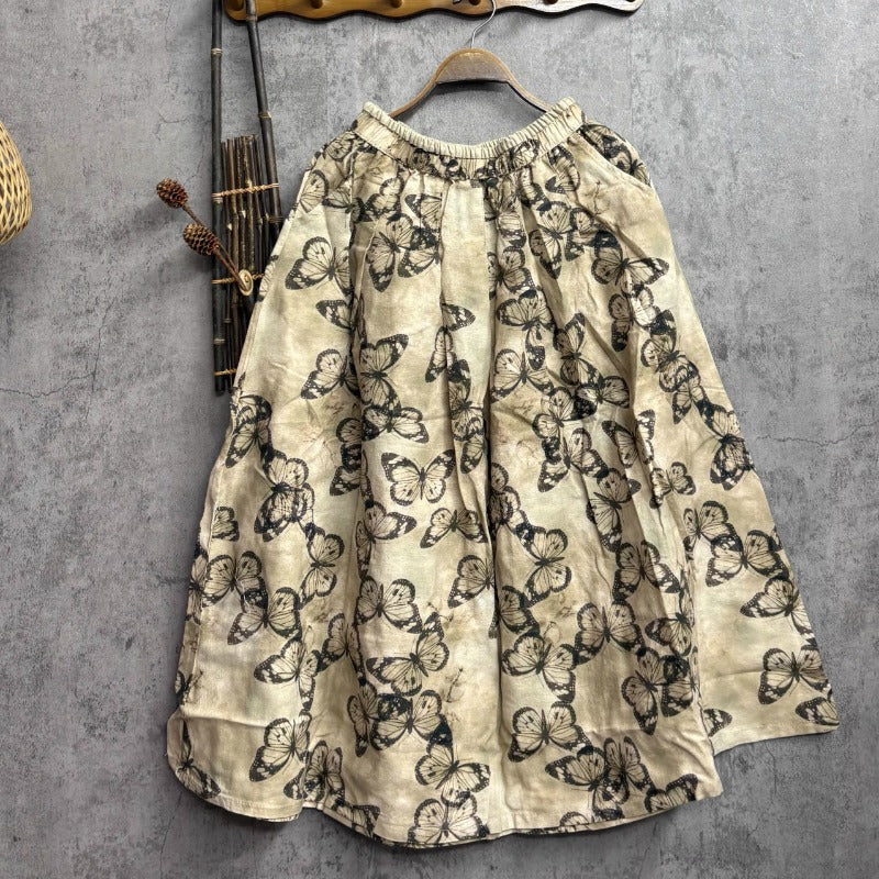 Retro Cotton Linen Forest Printed Skirt