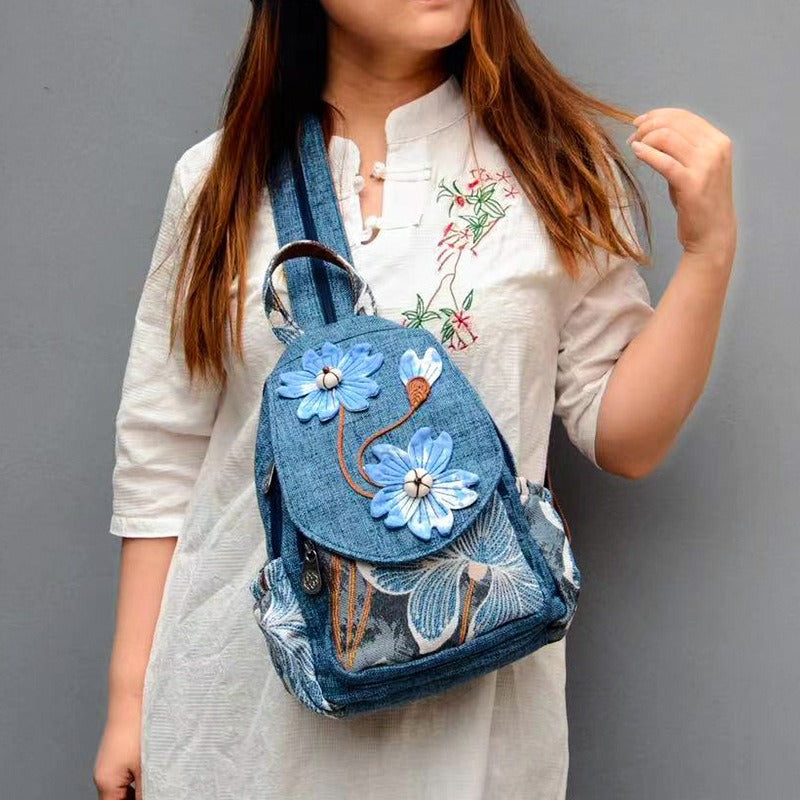 Retro Handmade Flower Canvas Bag Multi-functional Backpack