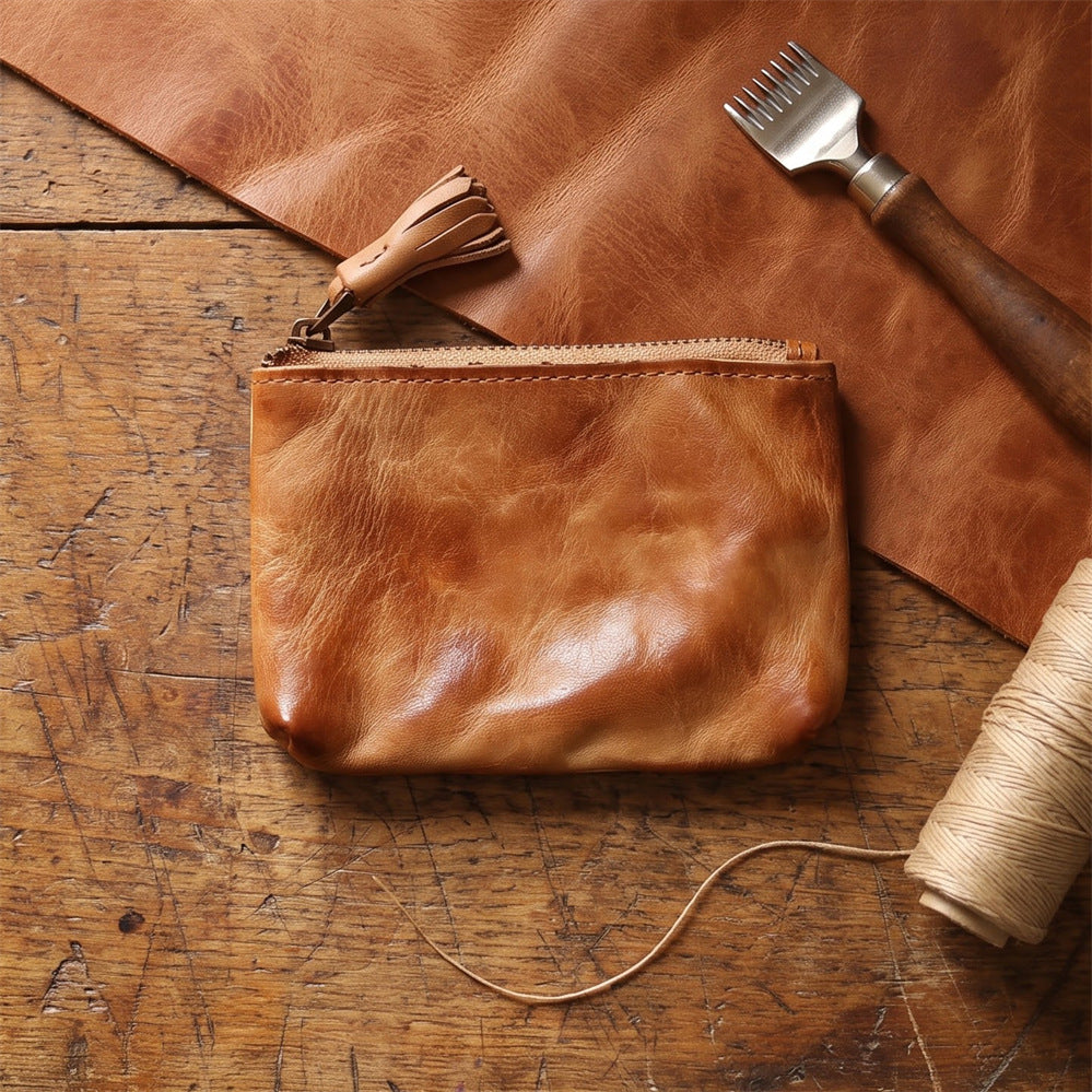 Retro Handmade Leather Zipper Wallet Coin Bag