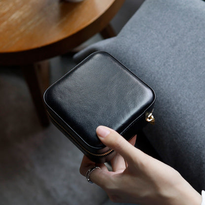 First-layer Waxed Cowhide Leather Portable Necklace Jewelry Box Storage Bag