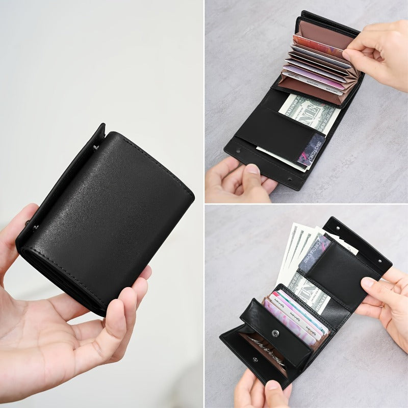 A Minimalist Tri-Fold Wallet in Black, Featuring a Business Style, Ultra-Thin Foldable Design, Secure Card Slots, And a Snap Closure
