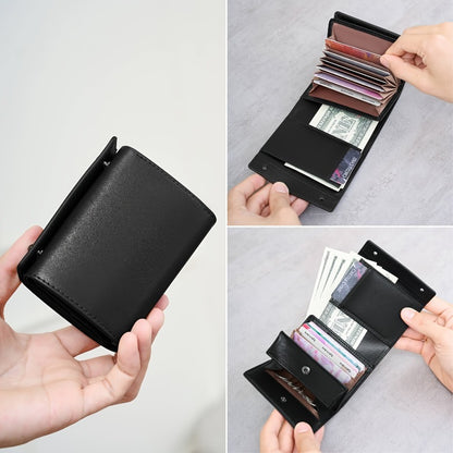 A Minimalist Tri-Fold Wallet in Black, Featuring a Business Style, Ultra-Thin Foldable Design, Secure Card Slots, And a Snap Closure
