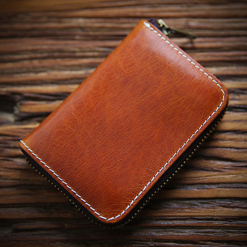 Retro Handmade Leather Zipper Wallet Card Holder
