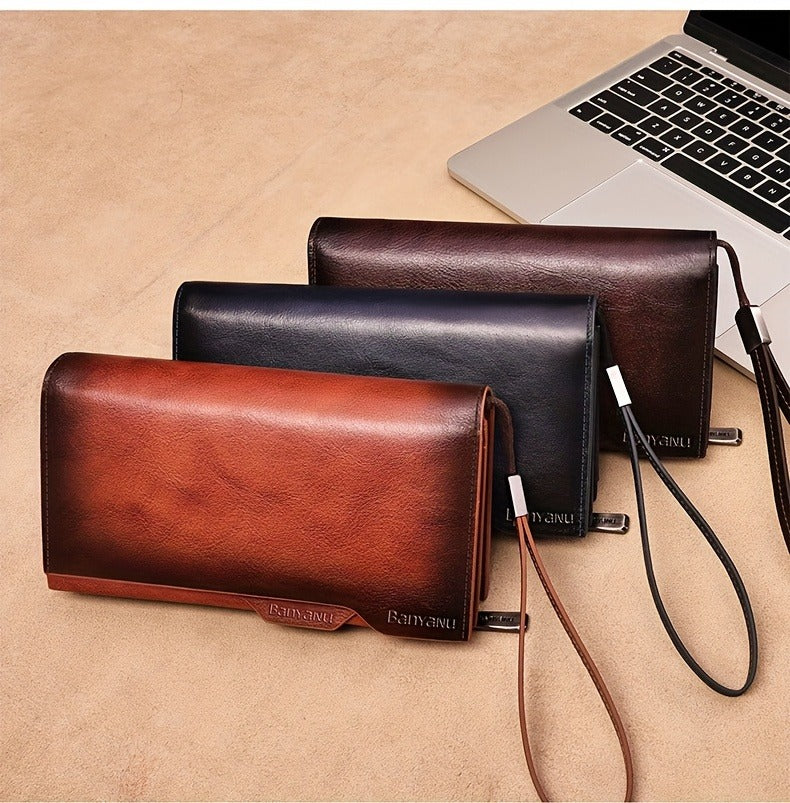 Vintage Top Layer Cowhide Leather Wallet for Men, Long Slim RFID Blocking Clutch with Zipper