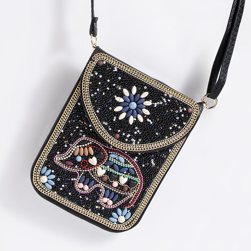 Bohemian Style Bead Shell Flowers Magnetic Button Shoulder Bag