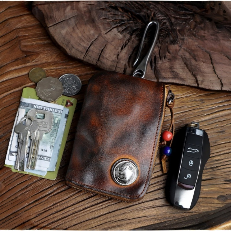 Men's genuine leather key case, vintage distressed vegetable-tanned cowhide coin purse