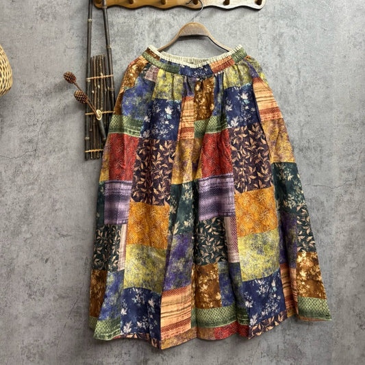 Retro Cotton Linen Forest Printed Skirt